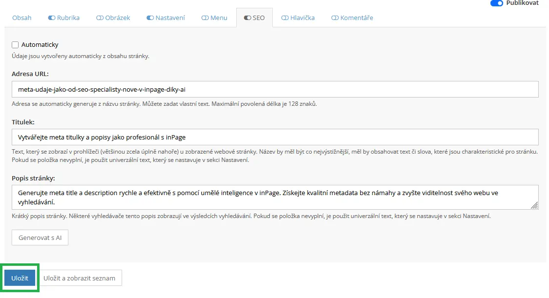 inPage generuje profesionálne meta title a meta description 