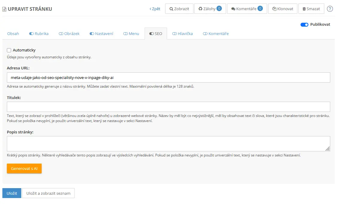 inPage generuje profesionálne meta title a meta description 