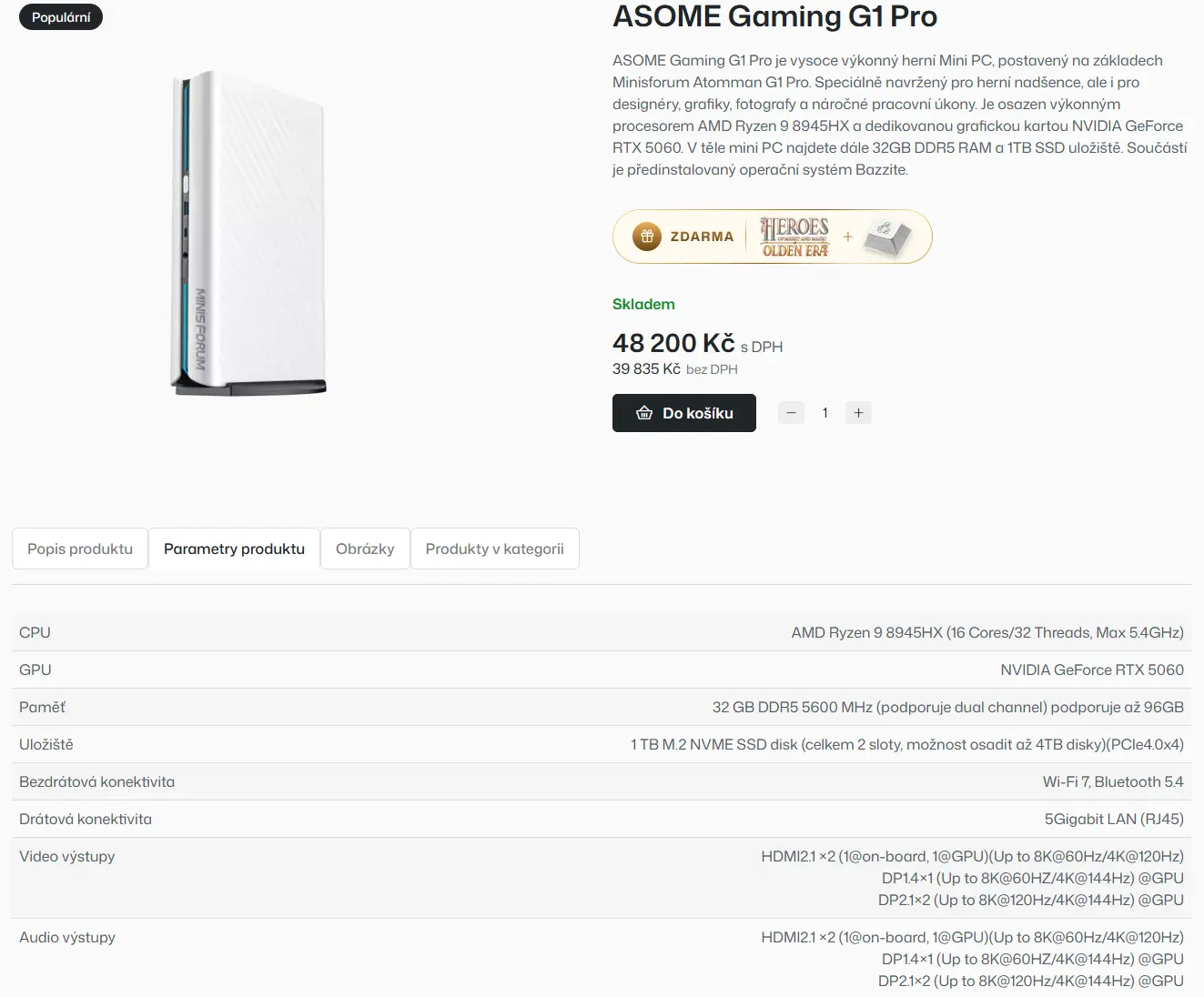 Záložka Parametre produktu na karte produktu na webe Záložka Parametre produktu na karte produktu na webe